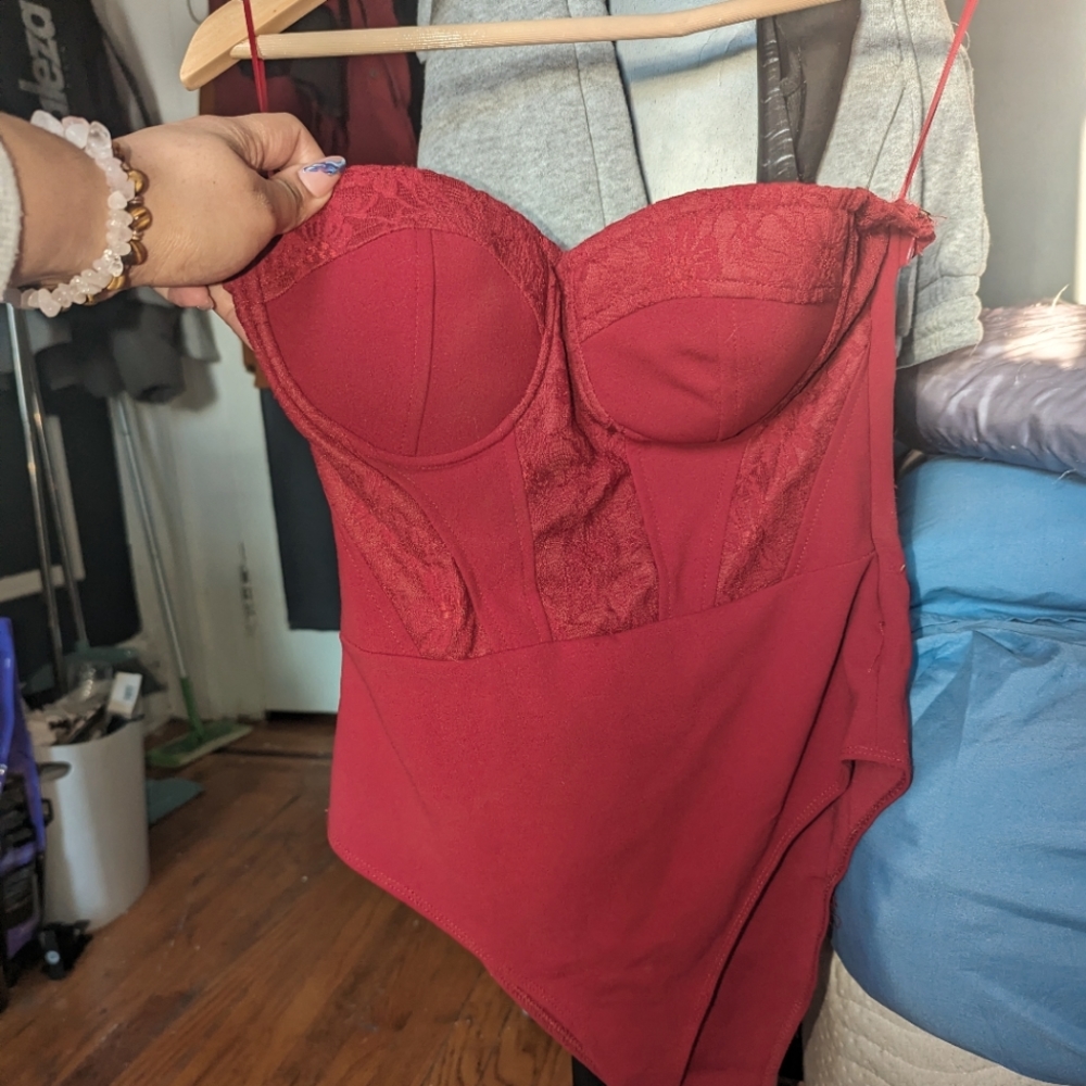 Red lace body suit . Strapless